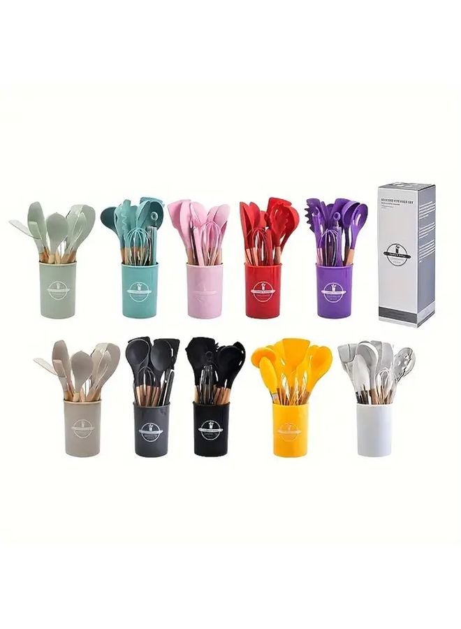 12Pcs Black Silicone Kitchen Utensil Set With Storage Bucket Wooden Cooking Tools - Image 1